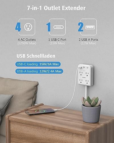 Maximize Power Efficiency with 6 ft Flat Electrical Outlet Extender – 4 Outlets & 3 USB-C Ports, Space-Saving Surge Protector for Home & Office, Rapid Device Charging Power Hub, Sleek White Design
