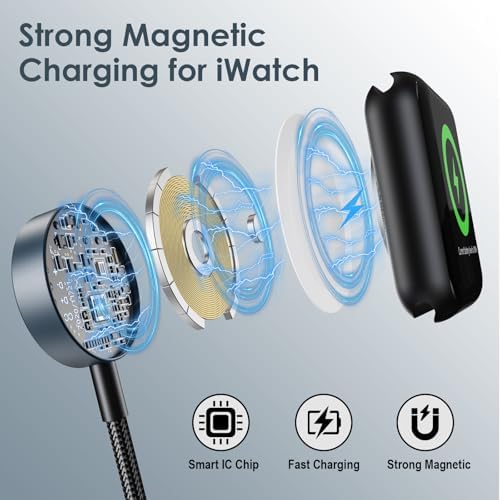 5 FT Multi-Device Charging Cable: Dual Compatibility for Apple Watch and i Phone – Rapid Charge for Series 10, Ultra, SE, All i Phone Models 16-13, Plus Galaxy S24 – Essential Travel Charger for Streamlined Power Management and Versatile Device Use