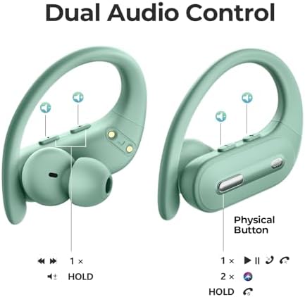Mint Green Wireless Earbuds with Bluetooth 5.3 – 90-Hour Playtime Sports Headphones Featuring Waterproof Design, Secure Over-Ear Hooks, and Real-Time Battery Monitoring for Active Lifestyles and Android Compatibility – Premium Comfort with Superior Sound Quality