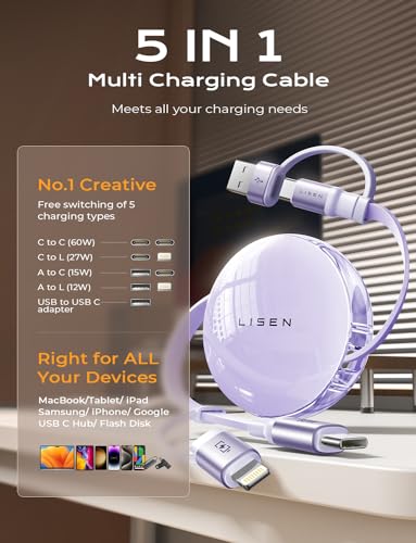 LISEN 5-in-1 Retractable Fast Charging Cable – 60 W Multi-Device Charger for i Phone, i Pad & Samsung with USB-C/A Ports – Compact and Portable Charging Solution for On-the-Go Power Needs
