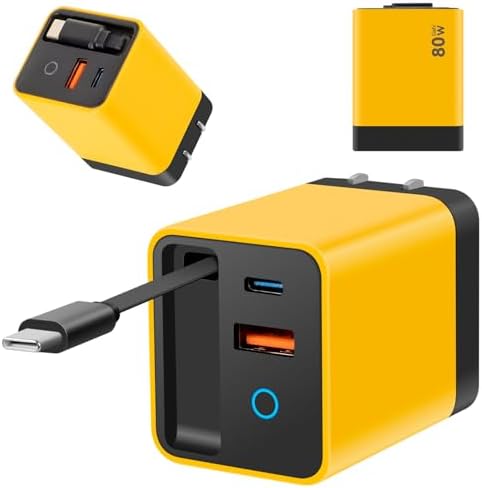 Ultimate 80 W Ga N Fast Charger Module: Versatile 3-in-1 Travel Charging Solution with Type-C Cable & Dual USB Ports for i Phone 15/14, Samsung Galaxy, Mac Book, and More – Compact & Stylish Yellow Power Hub for Maximum Device Compatibility and Speed Efficiency