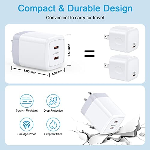 40 W Dual Port USB C Charger Box for Google Pixel & Samsung Galaxy Devices – Fast Charging Power Adapter with 6 FT Type C Cable for Seamless Connectivity and Enhanced Compatibility – Ideal for Home and Travel Use