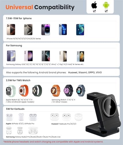 Revolutionize Your Charging Routine with the 3-in-1 Foldable Wireless Charger – Fast 15 W Mag-Safe Charging Station for Apple and Samsung Devices, Magnetic Stand for Phones, TWS Earbuds & i Watch, Portable Travel Companion for Ultimate Convenience and Efficiency