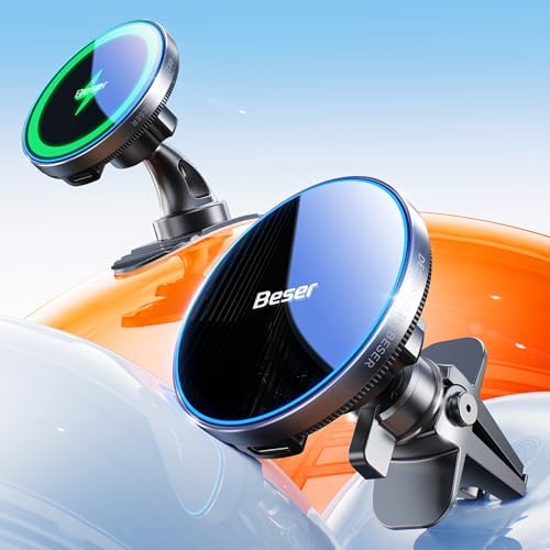 Magnetic Wireless Qi Charger & Car Mount for i Phone – Beser 15 W Mag Safe Holder, Sleek Aluminum Alloy Design, Versatile Dashboard/Vent Installation, Fast Charging for i Phone 16/15/14/13/12 Mini Pro Max – Enhance Your Driving Experience with Secure Grip and Hands-Free Navigation