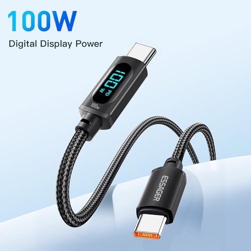 Revolutionize Your Charging Experience: ESSAGER 100 W USB-C to USB-C Cable with Innovative LED Display – Ideal for i Phone 15 Pro Max, Mac Book, Galaxy S23 & More – Durable 6.6 ft Braided Nylon for Ultimate Performance and Convenience