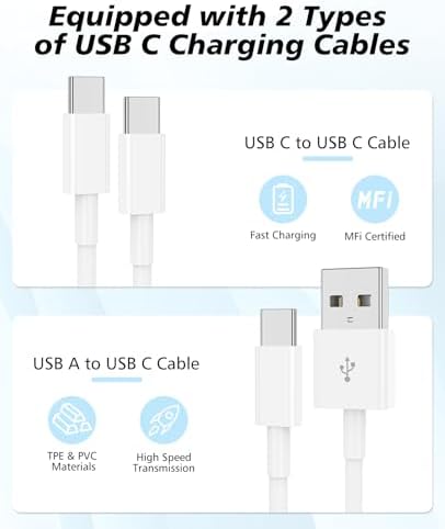 Rapid Dual-Port QC+PD USB C Wall Charger Block with Four 6 FT Cables – Unleash Fast Charging for i Phone 15/16, i Pad Pro, and Samsung Devices – Ideal for Home, Office, and Travel – Universal Compatibility for All Your Power Needs