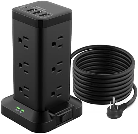 Maximize Workspace Efficiency with the BEVA Surge Protector Power Strip Tower – 12 AC Outlets & 4 Fast-Charging USB Ports, 6.5 FT Extension Cord for Optimal Device Organization and Safety in Office and Home Settings