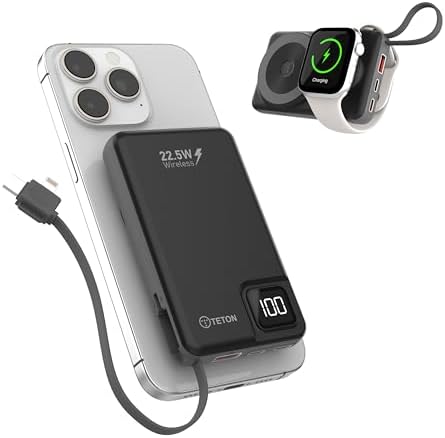 TETON ELECTRONICS 5-in-1 Mag Safe Power Bank – 10,000 m Ah Magnetic Wireless Charger with 22.5 W USB-C Fast Charging for i Phone 12-16 & Apple Watch – Ultimate On-the-Go Charging Solution with Built-In Cables, Enhanced Compatibility, and Sleek Design