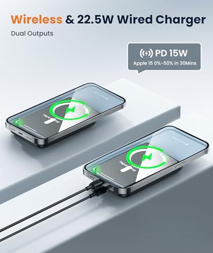 Ultra-Compact Blue Magnetic Wireless Power Bank for i Phone 12-16 Pro Max – 5000 m Ah Fast-Charging Battery Pack with Seamless Attachment for On-the-Go Convenience and Enhanced Compatibility – Essential Travel Accessory for Effortless Energy Backup