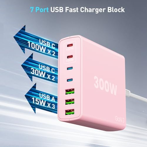 Power Up Efficiently: 300 W 7-Port USB-C Fast Charger Station – Dual PPS PD 100 W Laptop Power Adapter for Multi-Device Charging – Compact & Reliable Wall Hub in Blue – Perfect for Home & Office Use