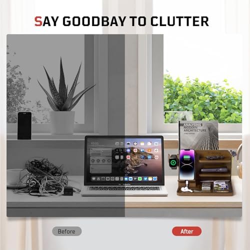 Nightstand Organizer, Wood Phone Docking Station with Adjustable Rack, Bedside Desk Organizer, EDC Tray for Men, Dads, Husbands – Ideal for Anniversaries and Birthdays – Dark Brown – Enhanced Compatibility and Speed