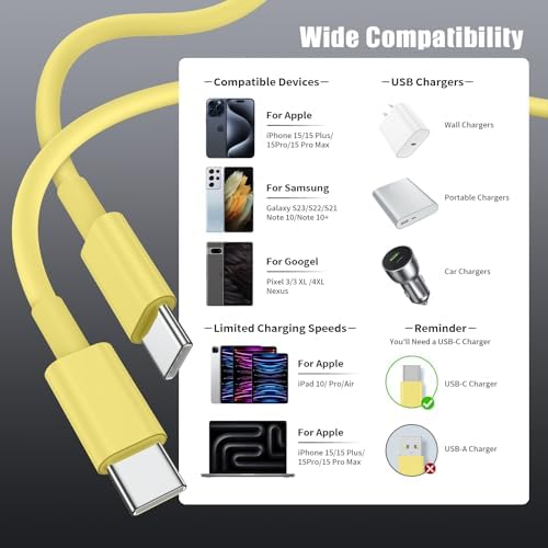 6-Foot USB C Cable for i Phone 15 – 3-Pack Durable Woven Fast Charging Solution for i Phone 16, Mac Book Pro, and Samsung Galaxy S23 Ultra – Optimal Length for Home, Office, and Travel Use – 60 W Power Delivery & High-Speed Data Transfer