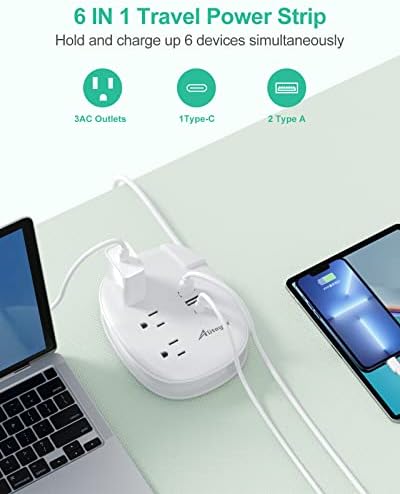 Alitayee 20 W USB-C Power Strip: Compact 3-Outlet Surge Protector with Fast Charging & Flat Plug for Travel, Home, and Office – Ideal for i Phone and QC 3.0 Devices with 3 ft Extension Cord for Maximum Portability and Compatibility