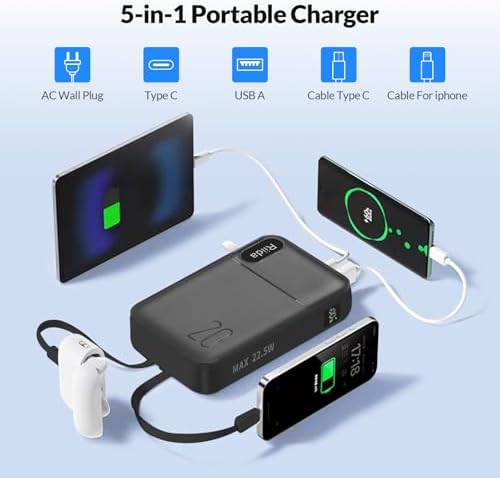 High-Capacity 20000 m Ah Portable Charger with Built-in Cables & Fast 22.5 W Charging – Multi-Device Travel Power Bank with LED Display, 4 Outputs for i Phone 16/15/14/13, Samsung, Android, i Pad – Ultimate Convenience in Sleek Black