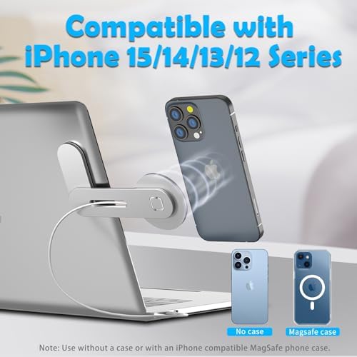 Sleek Aluminum Laptop Phone Holder with 15 W Fast Wireless Charger – Magnetic Mount for i Phone 12/13/14/15 Series – Modern Minimalist Monitor Clamp for Elevated Workspace Efficiency and Style