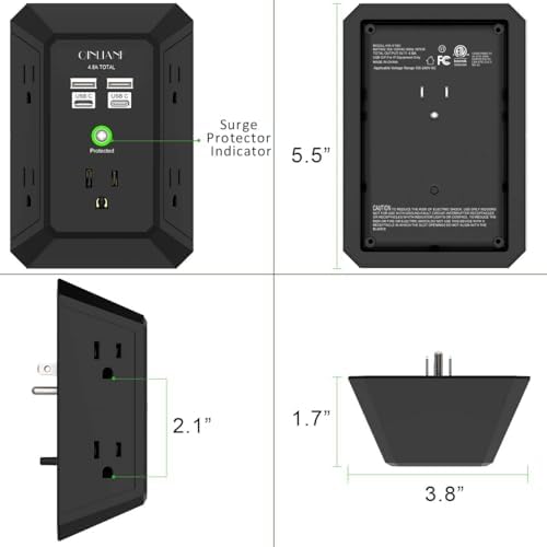 QINLIANF 5-Outlet USB Wall Charger with Surge Protection – 4 USB Ports (4.8 A Total) Power Strip Extender, 3-Sided Design for Easy Access, 1680 J Surge Defense, Compact Multi-Plug Adapter for Home, Travel, and Office Use – Elevate Your Charging Experience with Versatile Compatibility and Safety