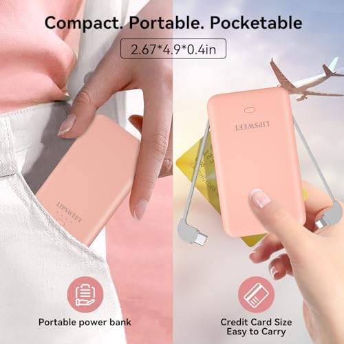 Mini 5000 m Ah Portable Power Bank with Integrated Cables and AC Plug – USB-C Fast Charging for i Phone & Android Devices – Ultra-Compact External Battery for On-the-Go Lifestyle – Essential Tech Accessory for Seamless Connectivity