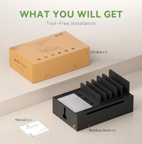 Pezin & Hulin Eco-Friendly Bamboo Charging Station – 10-Port USB Dock Organizer with 6 Cables, Enhanced Power Supply & Cable Management for Multi-Device Charging, Sleek Natural and Black Design for Homes and Offices