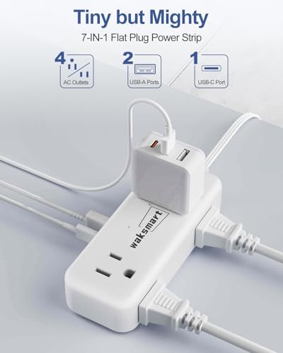 Sleek Flat Plug Power Strip with 5 Ft Extension Cord – 4 AC Outlets & 3 Fast-Charging USB Ports (5 V/3.4 A) – Compact Travel-Friendly Power Solution for College Dorms, Home Offices, and On-the-Go Charging – Maximize Space and Connectivity