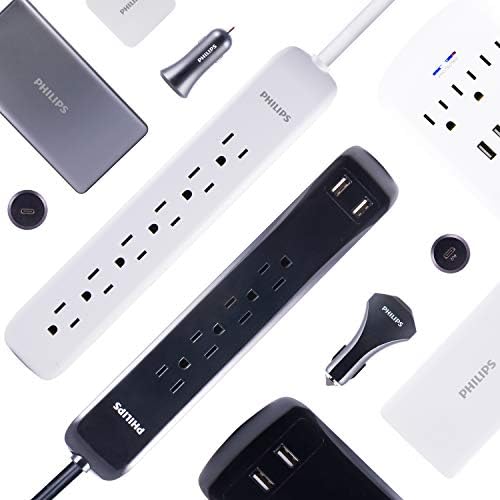 Philips EZFit Surge Protector with 3 Outlet Power Strip and 6 ft Braided Cord – Enhanced Charging Station Featuring 2 USB-A and 1 USB-C, 490 Joules of Surge Protection, Space-Saving Design in Sleek White for Home and Office Use