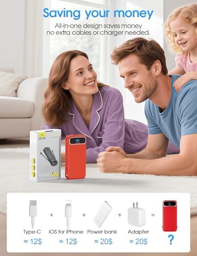 Ultra-Compact 12000 m Ah Power Bank with Built-in Charging Cables & AC Plug – 20 W PD Fast Charging for i Phone, Samsung, Android, USB-C Devices – Travel-Friendly External Battery Pack in Purple – Unmatched Portability and Efficiency for On-the-Go Charging Solutions