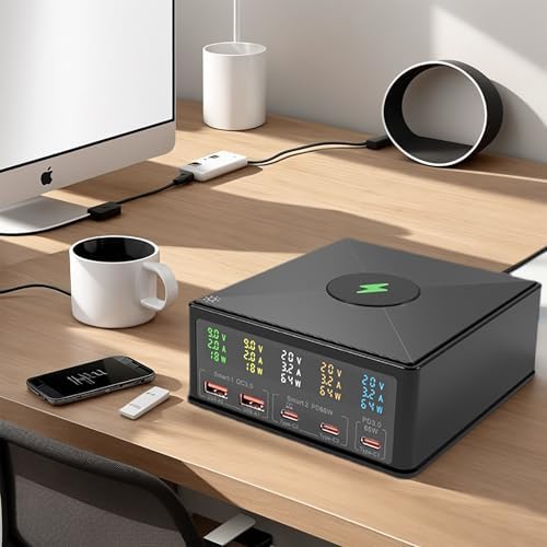 160 W Multi-Port USB Charging Station with Wireless Pad & Real-Time Digital Monitor – Advanced PD 3.0 Fast Charging Hub for Home and Office Efficiency – Elevate Your Device Power Management with Sleek Design and Versatile Compatibility