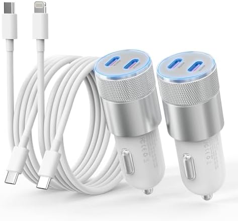 High-Speed Dual USB-C i Phone Car Charger | Apple MFi Certified 60 W Cigarette Lighter Adapter with Type-C & Lightning Cables | Perfect for i Phone 16, 15, 14, 13, 12 Pro Plus, XS, XR, i Pad & Samsung Devices | Compact & Efficient Travel Charging Solution