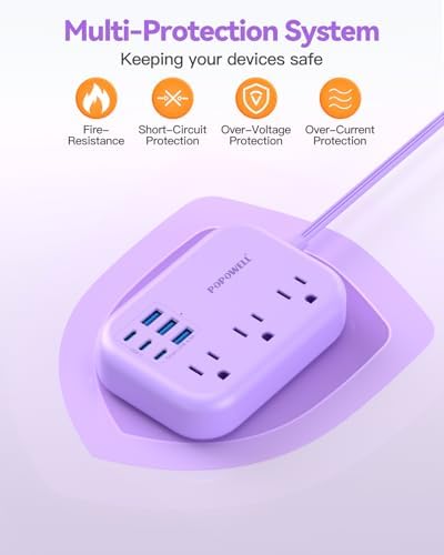 Compact 6-Port USB Power Strip with 3 AC Outlets and 6 USB Charging Ports for Ultimate Travel Convenience – 24 W/4.8 A Power Delivery, 3 FT Extension Cord, Slim Flat Plug Ideal for Cruise Ships, Offices, Dorms, and i Phone 15 Compatibility – Essential Multi-Port Charger for Efficient Device Charging