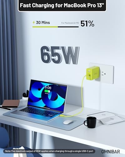 Omnibar 65 W Ga N USB-C Fast Charger Block – 3-Port Travel Adapter for i Phone 16/15, Mac Book Pro/Air, Galaxy S24/S23 & Nintendo Switch – Compact Lime Green Design for Effortless Multi-Device Charging – Universal Compatibility & High-Efficiency Power Delivery for On-the-Go Tech Users