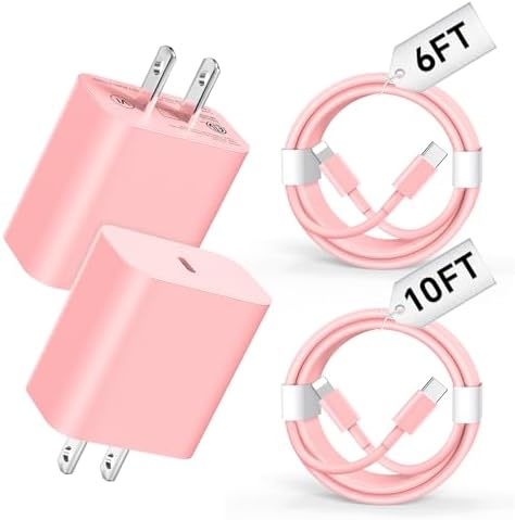 Stylish Pink 20 W Fast Charging Duo: USB-C Wall Charger with 6 FT & 10 FT Cables for i Phone 14/13/12/11 Series – Ultimate Portable Power Solution for Home, Office, and Travel – Enhanced Compatibility and Efficiency