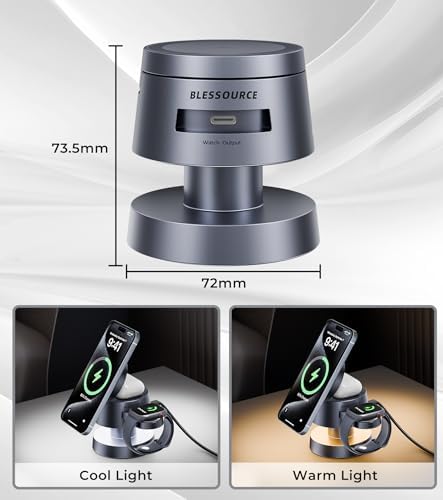 Sleek 4-in-1 Wireless Charging Station with Night Lamp – Fast Aluminum Alloy Charger Dock for i Phone 16/15/14/13/12, Apple Watch & Air Pods – Multi-Device Convenience in Stylish Grey Finish – Ideal for Decluttering Nightstands and Workspaces