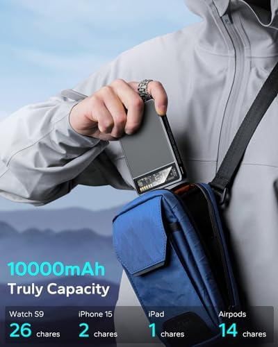 KPON Magnetic Power Bank with 10,000 m Ah Capacity – Wireless Fast Charging Portable Charger for i Phone 16 Pro Max/15/14/13 and Apple Watch, Foldable Stand for Hands-Free Use, Sleek Carbon Black Design – Ultimate Convenience for On-the-Go Charging
