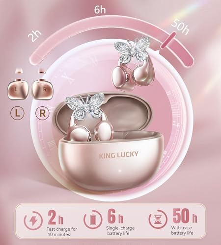 Stylish King Lucky Bluetooth 5.4 Clip-On Earbuds with Chic Detachable Butterfly Earrings – Waterproof Open Ear Design for Ultimate Comfort, 50-Hour Playtime Perfect for Festivals and Parties, Luxurious Rose Gold Gift for Discerning Women