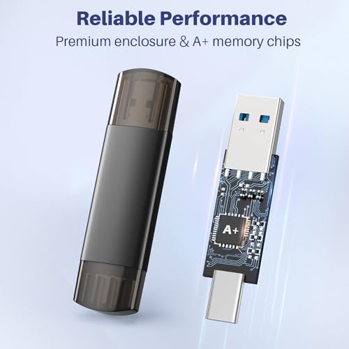 64 GB Dual USB C Flash Drive – 2-in-1 USB 3.0 Thumb Drive for Effortless File Sharing Between Smartphones, Tablets, and Computers – Lightning-Fast Data Transfer & Enhanced Compatibility for i Phone and Android Devices – Perfect Portable Storage Solution (2 Pack)