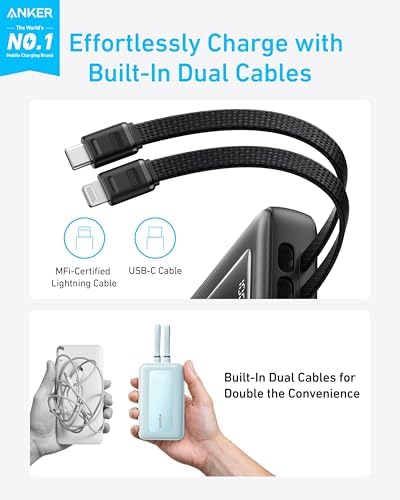 Anker Zolo 10,000 m Ah Fast Charging Power Bank – Ultimate Portable Charger with Built-in USB-C & MFi Certified Lightning Cables, 30 W Max Output for i Phone 16/15 Series, Mac Book, Galaxy – Lightweight Dual-Port Battery Pack for On-the-Go Charging