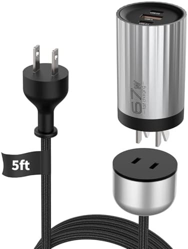 67 W Ga N Fast Wall Charger with 3 Ports: 2 USB-C & 1 USB-A, Detachable 5 ft Nylon Extension Cord for Ultimate Charging Flexibility – Rapid Power Delivery for i Phone, Samsung Galaxy, i Pad, Mac Book and More