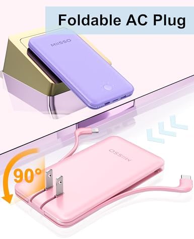 miisso Ultra Slim 10000 m Ah Portable Power Bank with Built-in Cables and Foldable Wall Plug – Compact USB-C Charger for i Phone, Samsung, i Pad & More – Perfect Travel Companion for On-the-Go Charging Efficiency