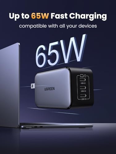 UGREEN Nexode 65 W USB-C Charger Block – Enhanced 3-Port Ga N Power Adapter for Fast Charging Compatible with i Phone 16/15, Galaxy S24/S23, Mac Book Pro/Air, i Pad Pro/Air, Pixel 9/8, and Steam Deck – Superior Efficiency, Compact Design, and Triple Device Flexibility for Ultimate Convenience