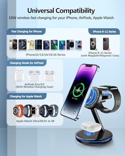 Ultimate 3-in-1 Mag-Safe Wireless Charging Dock for Apple Devices – 18 W Rapid Charger for i Phone 16/15/14/13/12 Pro/Max/Plus/Mini, Air Pods 2/3/Pro & Apple Watch Ultra/8/7/SE/6/5/4/3/2 – Streamline Your Charging Experience with Magnetic Precision & Superior Safety Features