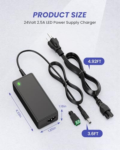 Premium 24 V 2.5 A AC Power Supply Adapter – 60 W Versatile Charger for LED Strip Lights, Security Cameras, and More – Universal 100-240 V Compatibility with 5.5 x 2.1 mm Connector – Lightweight and Durable Power Solution for Home and Office Devices