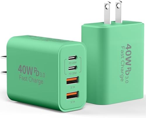 40 W USB C Charger Block – Dual Pack of 4-Port Fast Charging Power Bricks with PD & QC 3.0 Technology for i Phone 16/15/14/13/12/11 Pro Max, i Pad, Galaxy, Pixel – Sleek White & Blue Design for Convenient Multi-Device Charging