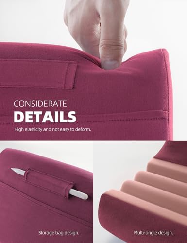 Lamicall Adjustable Tablet Pillow Holder – Soft Memory Foam Stand for Comfortable Bed or Lap Use, Featuring Integrated Stylus Mount and Accessory Pocket, Compatible with 4-13″ Devices Including i Pad Pro 12.9, Air, Mini, Kindle, and Galaxy Tab – Stylish Dark Red Design for Enhanced Viewing Experience and Improved Posture