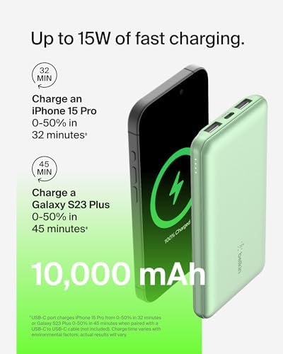 Belkin 10,000 m Ah Portable Charger – Fast Charging USB C Power Bank with Dual USB-A Ports for Multiple Devices, Includes Type-C to Type-A Cable, Compatible with i Phone 16, Samsung Galaxy S25, Nintendo Switch 2, i Pad & More – Lightweight Blue Design for Effortless Portability and Enhanced Power Delivery