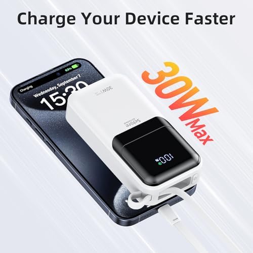 Ultimate 30 W Fast Charging Mini Power Bank for i Phone and Samsung – 10,000 m Ah Portable Charger with Built-In USB-C & Lightning Cables, LED Battery Indicator – Perfect Travel Companion for On-the-Go Charging