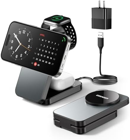 ESSAGER 3 in 1 Travel Wireless Charger – Compact Foldable Magnetic Charging Station for i Phone 16/15/14/13/12, Air Pods Pro/4/3/2, and i Watch with 20 W Fast Charging Adapter – Ultimate Compatibility & Efficiency for On-the-Go Power Needs