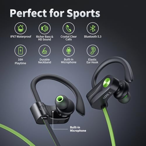 Premium IPX7 Waterproof Bluetooth 5.3 Earbuds – Wireless Sports Headphones with 16-Hour Playtime, Stereo Bass, and Secure Earhooks for Enhanced Performance in Running and Workouts – Ultimate Audio Freedom and Durability for Active Lifestyles