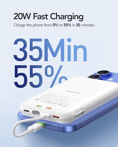 Charmast 10000 m Ah Slim Power Bank – 20 W Fast Charging Portable Charger with Removable Cable for i Phone & Android – Lightweight Hand-Free Battery Pack with Digital Display for Effortless Travel Convenience