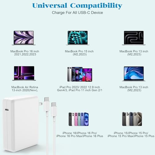 High-Efficiency 96 W USB-C Mac Book Charger with 10 ft 140 W Cable | Ultra-Fast Charging for Mac Book Pro & Air | Compact Folding Design for Easy Portability | Universal Compatibility with M1, M2, M3 Models & i Pad Pro | Enhanced Safety Features for Reliable Performance