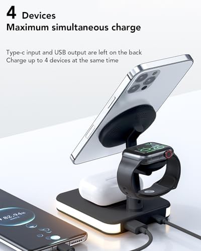 All-in-One Magnetic Wireless Charging Station for Apple Devices – 4-in-1 Fast Charger with Integrated Light for i Phone 16/15/14/13/12, Apple Watch Series 10/9/8/7/Ultra 2/SE 2, and Air Pods 4/3/Pro/2 – Sleek, Modern Design for Effortless Charging and Clutter-Free Organization