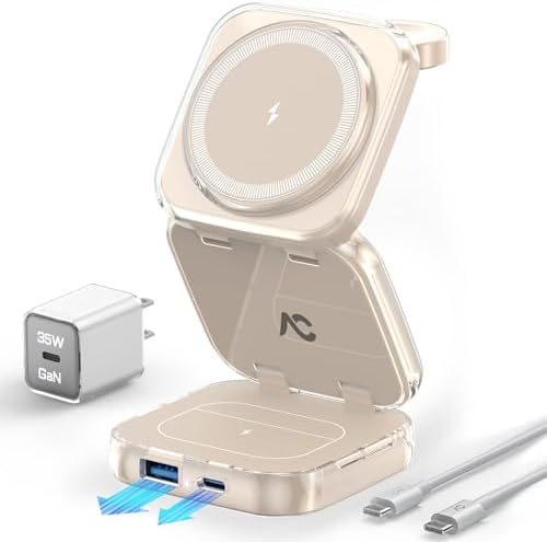 Revolutionize Your Charging Experience with AC Island 5-in-1 Portable Travel Wireless Charger – Fast 15 W Magnetic Stand for i Phone 16/15/14/13, Apple Watch & Air Pods, Includes 35 W Adapter, Ideal for On-the-Go Lifestyle and Enhanced Compatibility